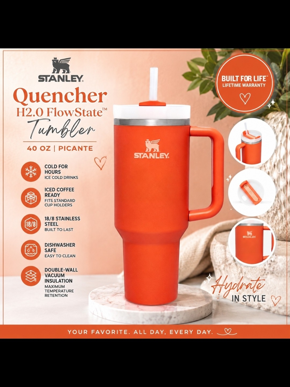 NWT Stanley Quencher H2.0 FlowState Tumbler - Picante Orange!!